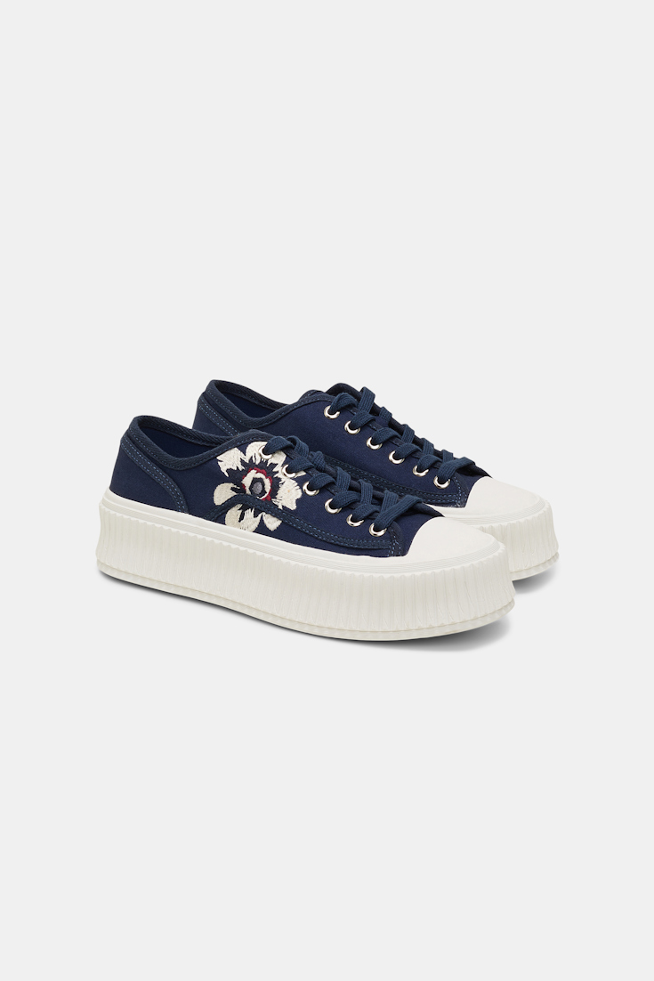 Dorothee Schumacher Cotton canvas platform sneakers with flower embroidery dark navy with embroidery