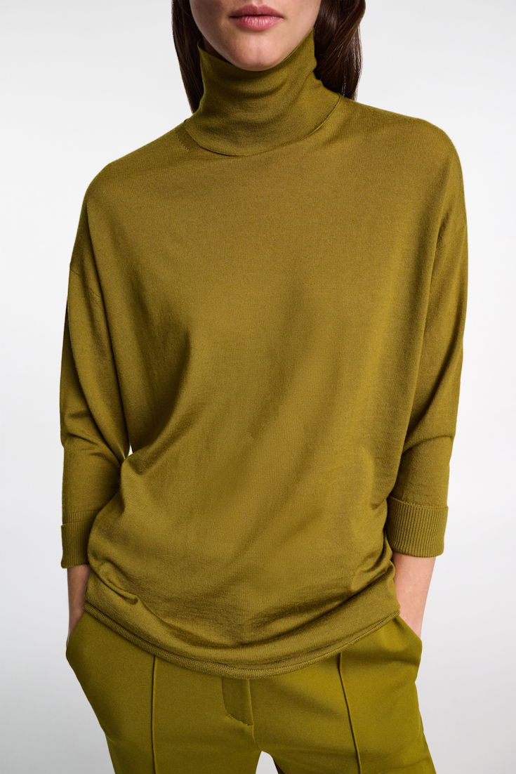 Dorothee Schumacher Extra long Merino wool turtleneck pullover olive green