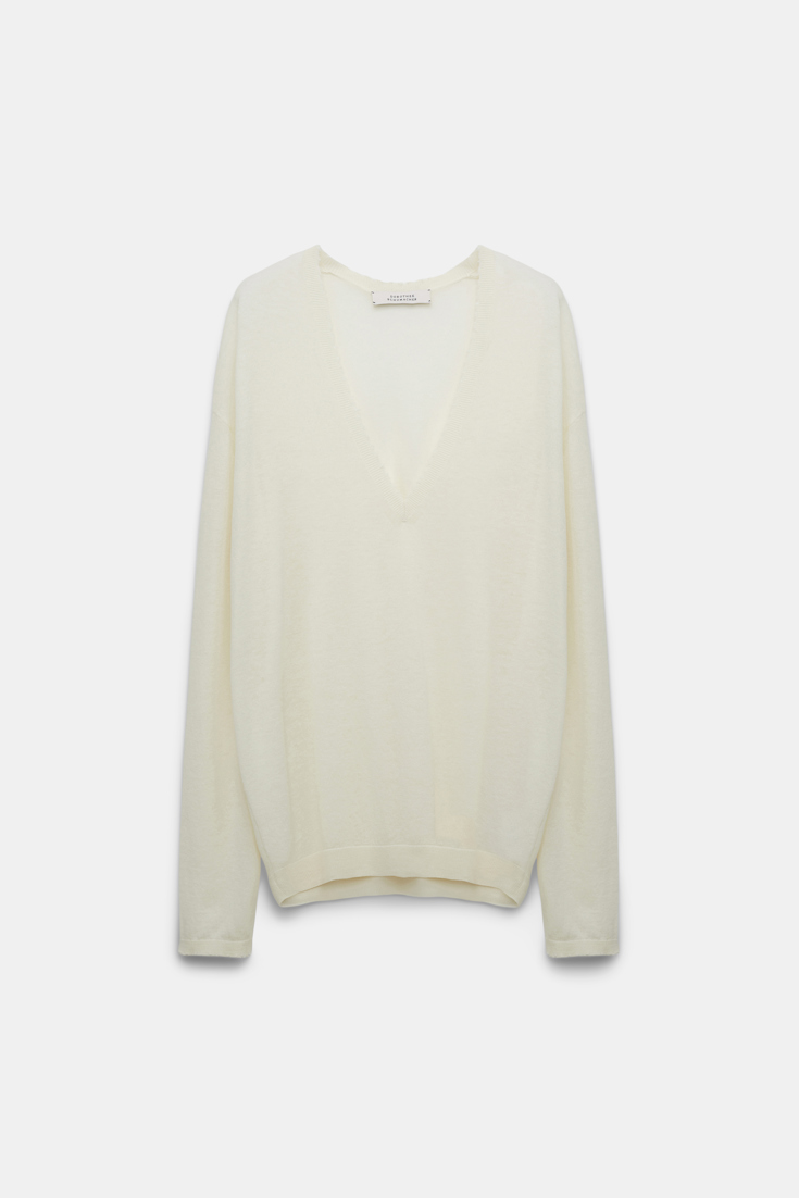 Dorothee Schumacher Wool-cashmere V-neck sweater with bow tie eggshell