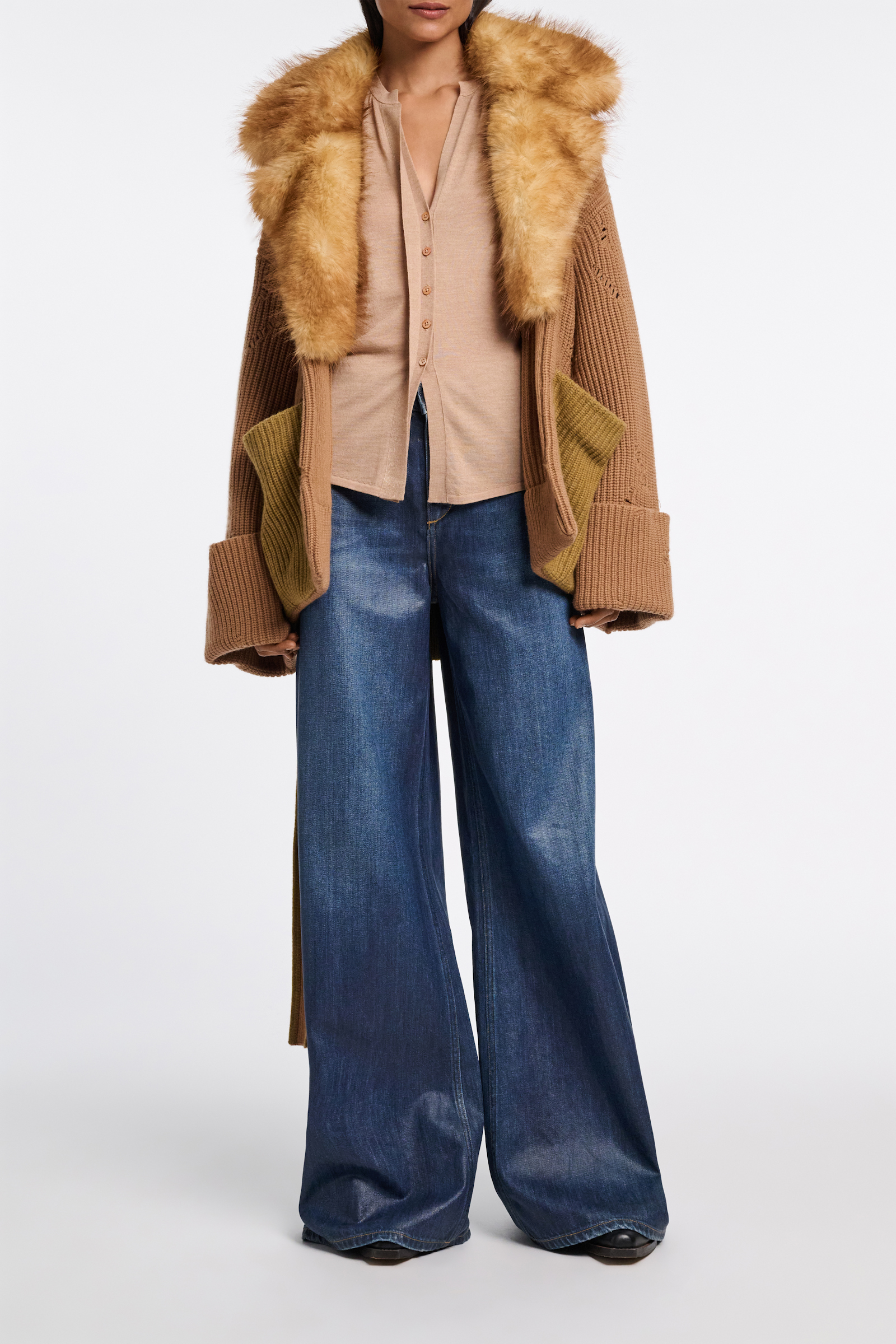 Dorothee Schumacher Merino-cashmere cardigan with faux fur collar camel mix