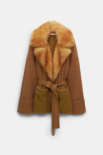 Dorothee Schumacher Merino-cashmere cardigan with faux fur collar camel mix