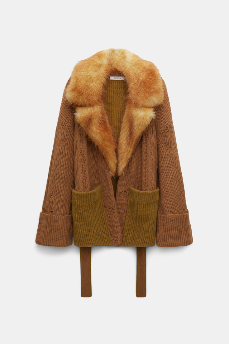 Dorothee Schumacher Cardigan mit Reverskragen aus Fake-Fur und Strickgürtel camel mix