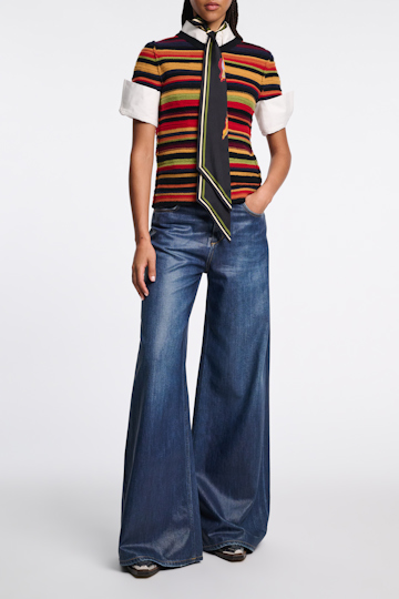 Dorothee Schumacher Short sleeve textured stripe cashmere sweater multistripe