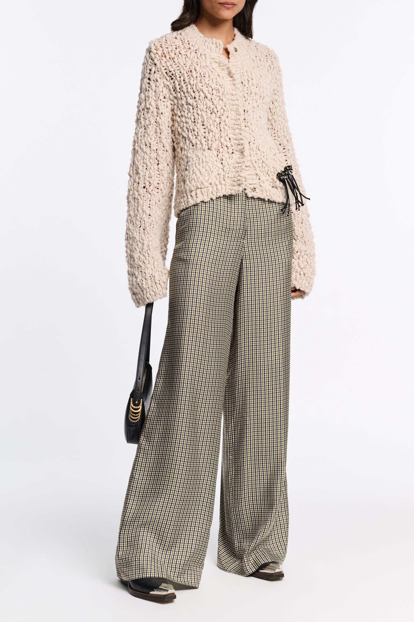 Dorothee Schumacher Wool blend textured knit cropped cardigan with brooch fog