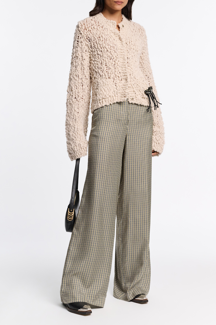 Dorothee Schumacher Wool blend textured knit cropped cardigan with brooch fog