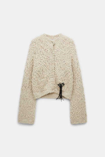 Dorothee Schumacher Wool blend textured knit cropped cardigan with brooch fog