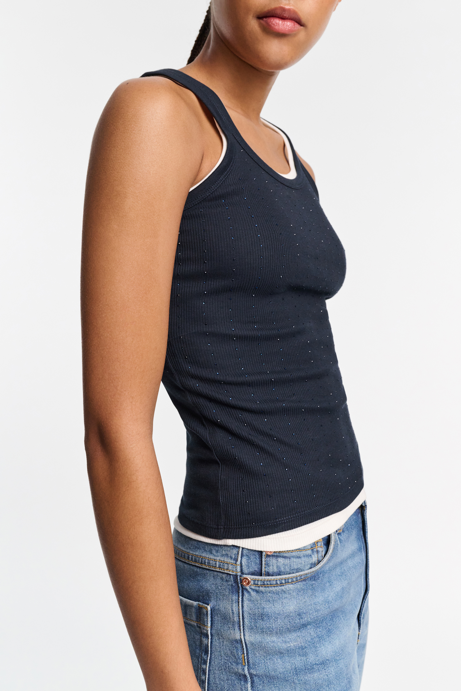 Dorothee Schumacher Ribbed tank top with hotfix embellishment dark navy