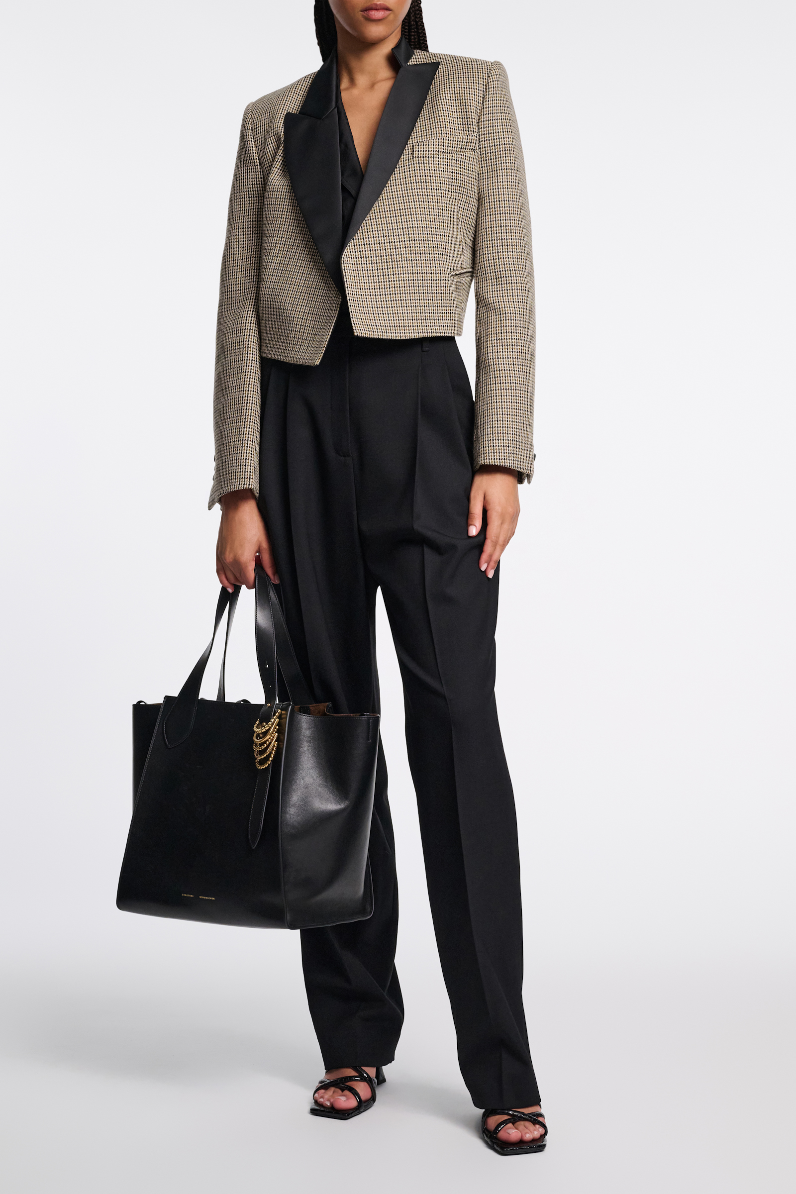 Dorothee Schumacher Cropped glen plaid blazer with asymmetric lapel pepita mix khaki