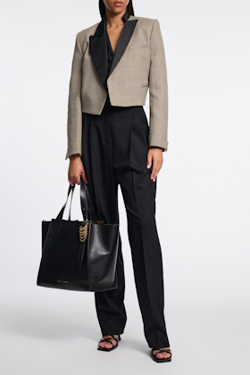 Dorothee Schumacher Cropped glen plaid blazer with asymmetric lapel pepita mix khaki