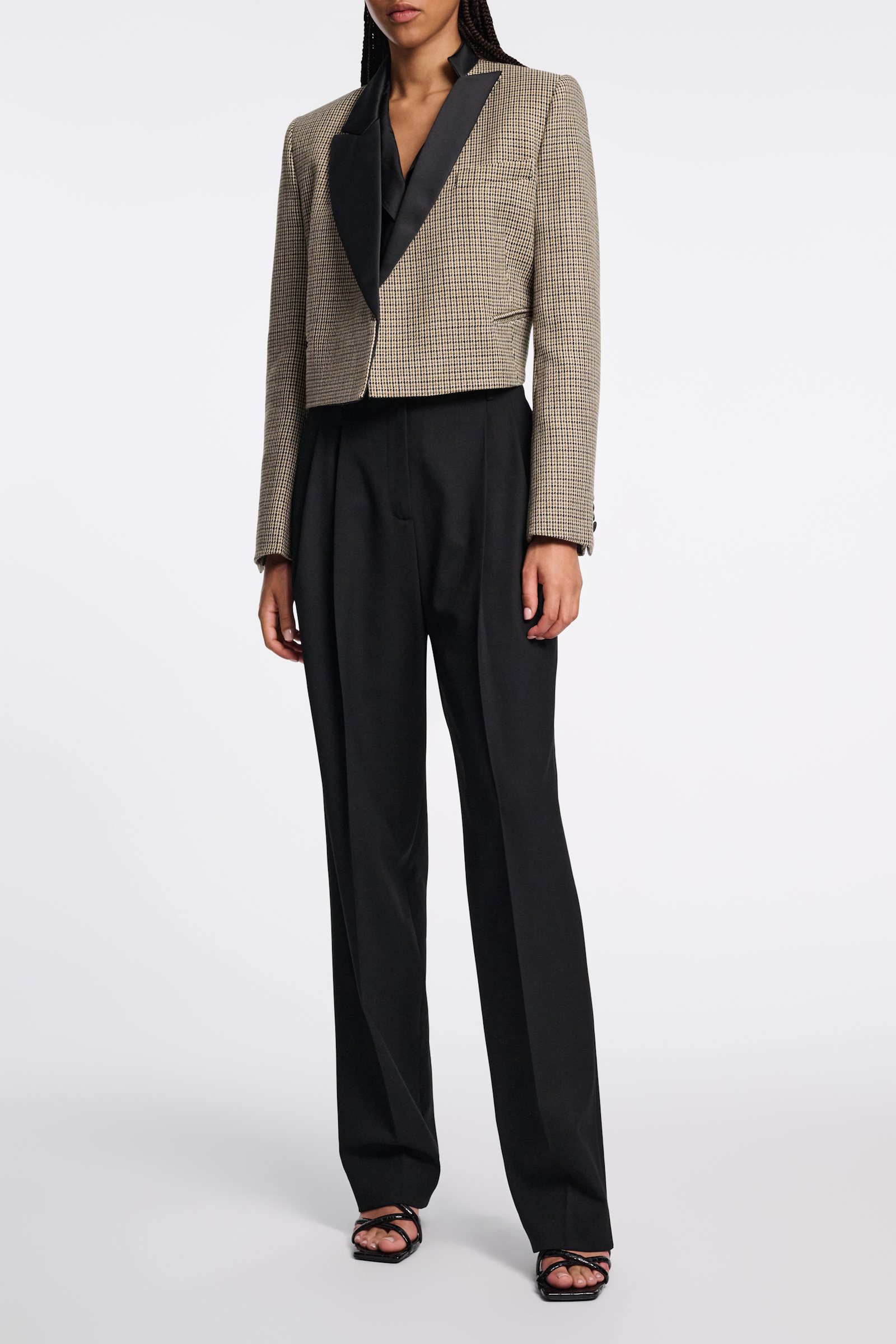 Dorothee Schumacher Cropped glen plaid blazer with asymmetric lapel pepita mix khaki