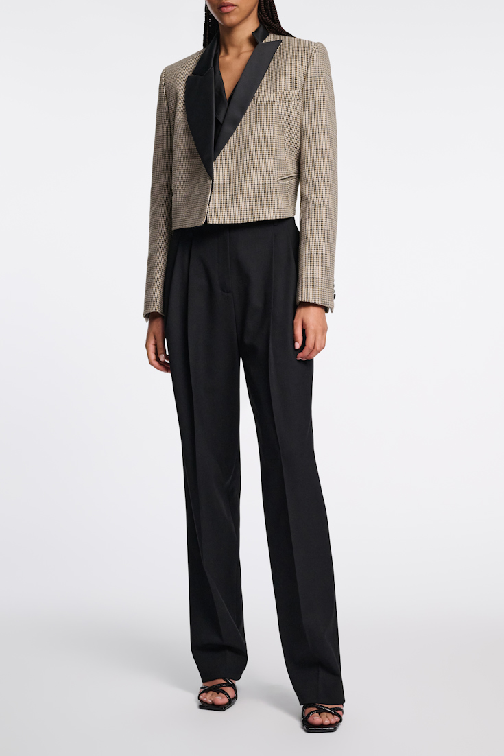 Dorothee Schumacher Cropped glen plaid blazer with asymmetric lapel pepita mix khaki