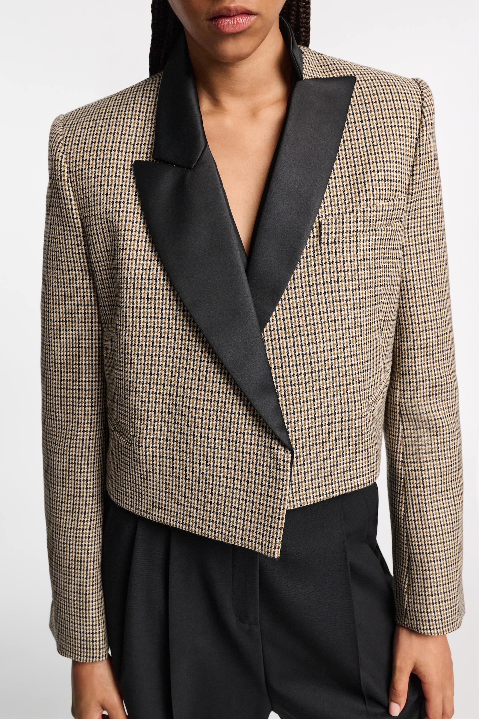 Dorothee Schumacher Cropped glen plaid blazer with asymmetric lapel pepita mix khaki