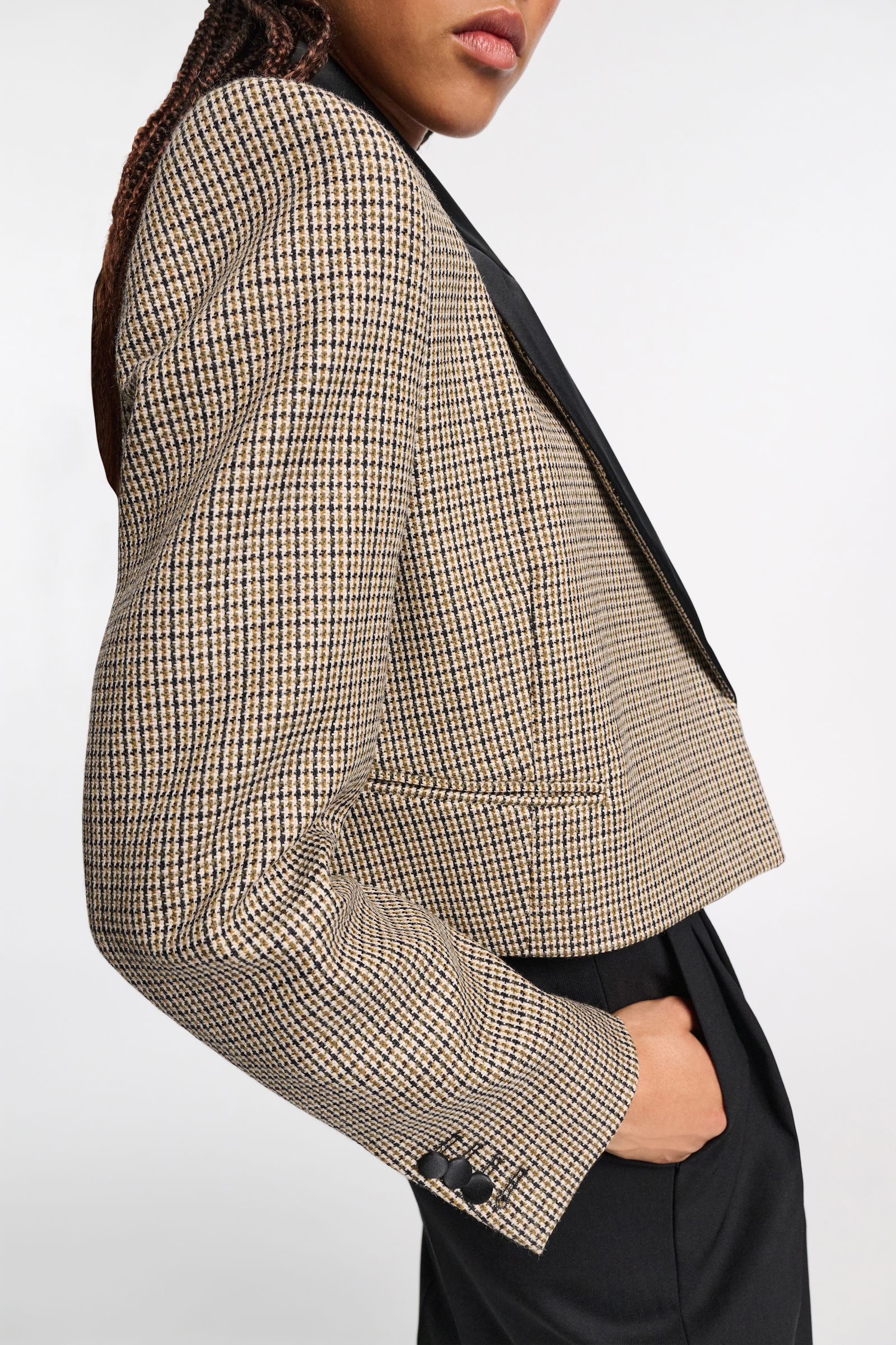 Dorothee Schumacher Cropped glen plaid blazer with asymmetric lapel pepita mix khaki