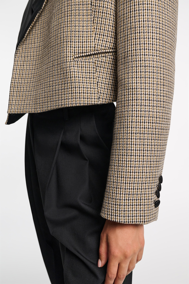 Dorothee Schumacher Cropped glen plaid blazer with asymmetric lapel pepita mix khaki