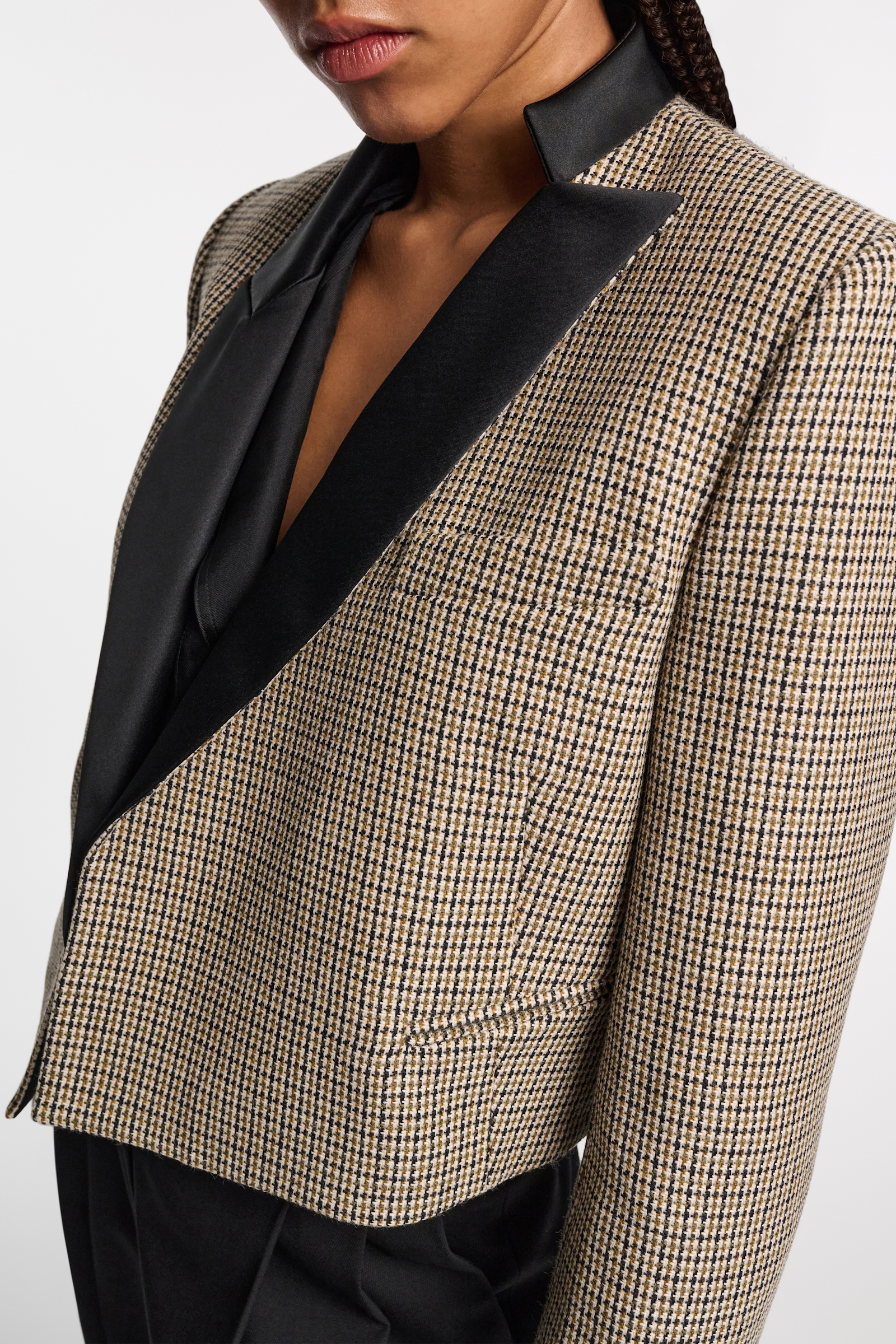 Dorothee Schumacher Cropped glen plaid blazer with asymmetric lapel pepita mix khaki