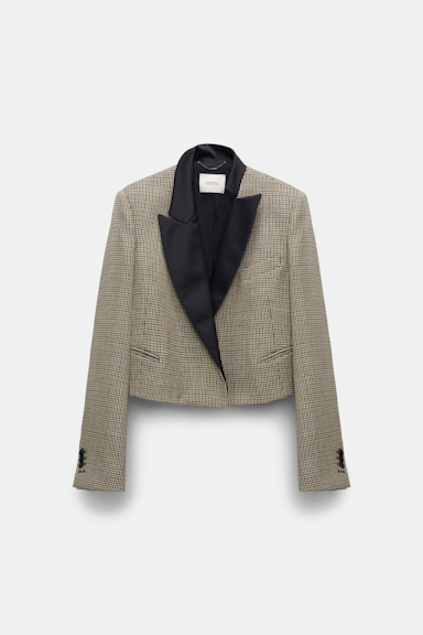 Dorothee Schumacher Cropped glen plaid blazer with asymmetric lapel pepita mix khaki