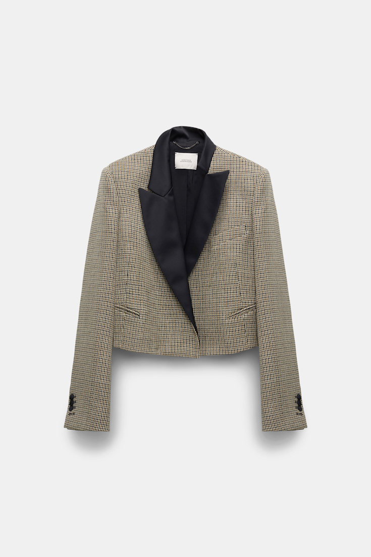 Dorothee Schumacher Cropped glen plaid blazer with asymmetric lapel pepita mix khaki