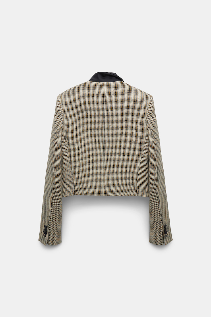 Dorothee Schumacher Cropped glen plaid blazer with asymmetric lapel pepita mix khaki