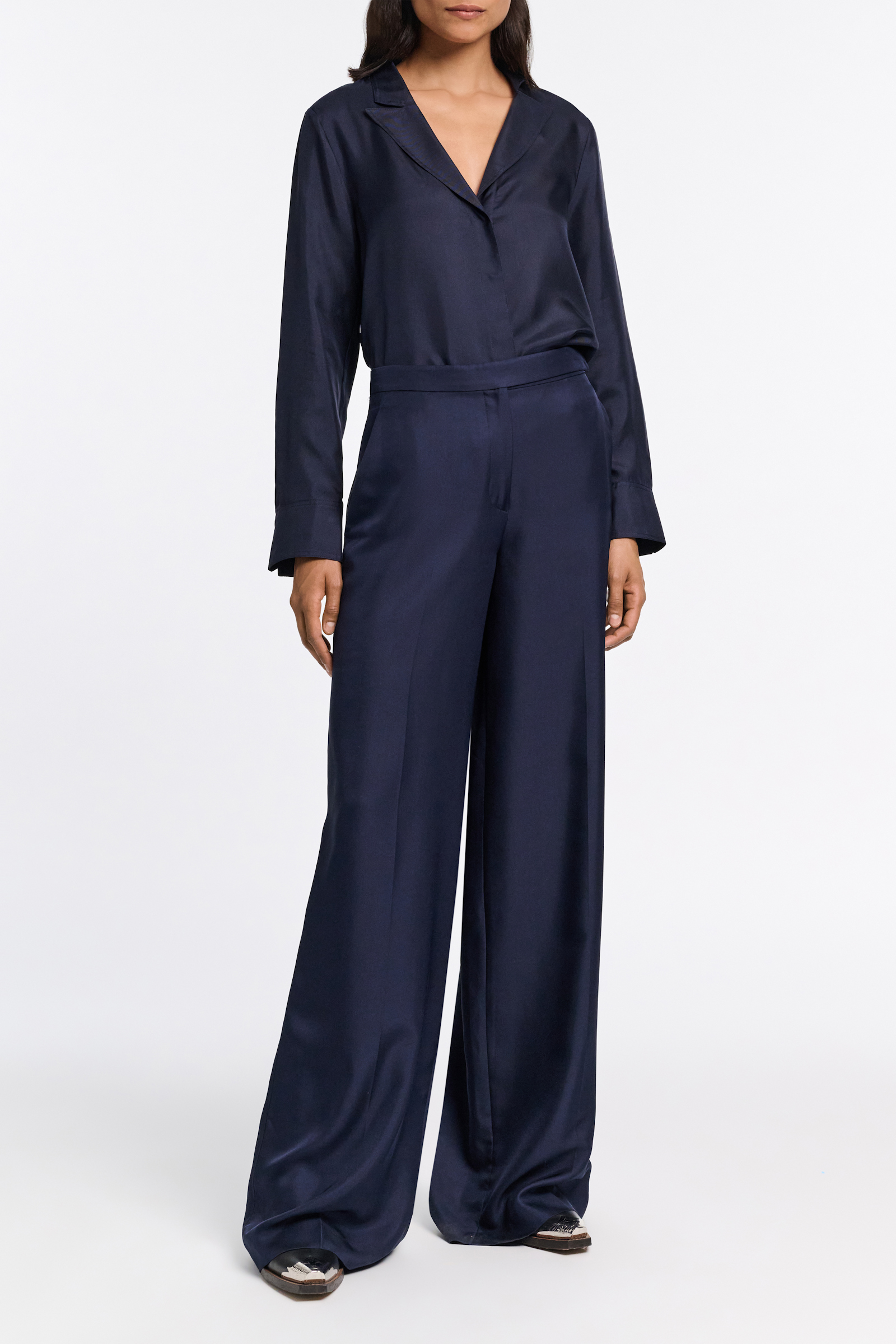 Dorothee Schumacher Wide leg silk twill pants blue night