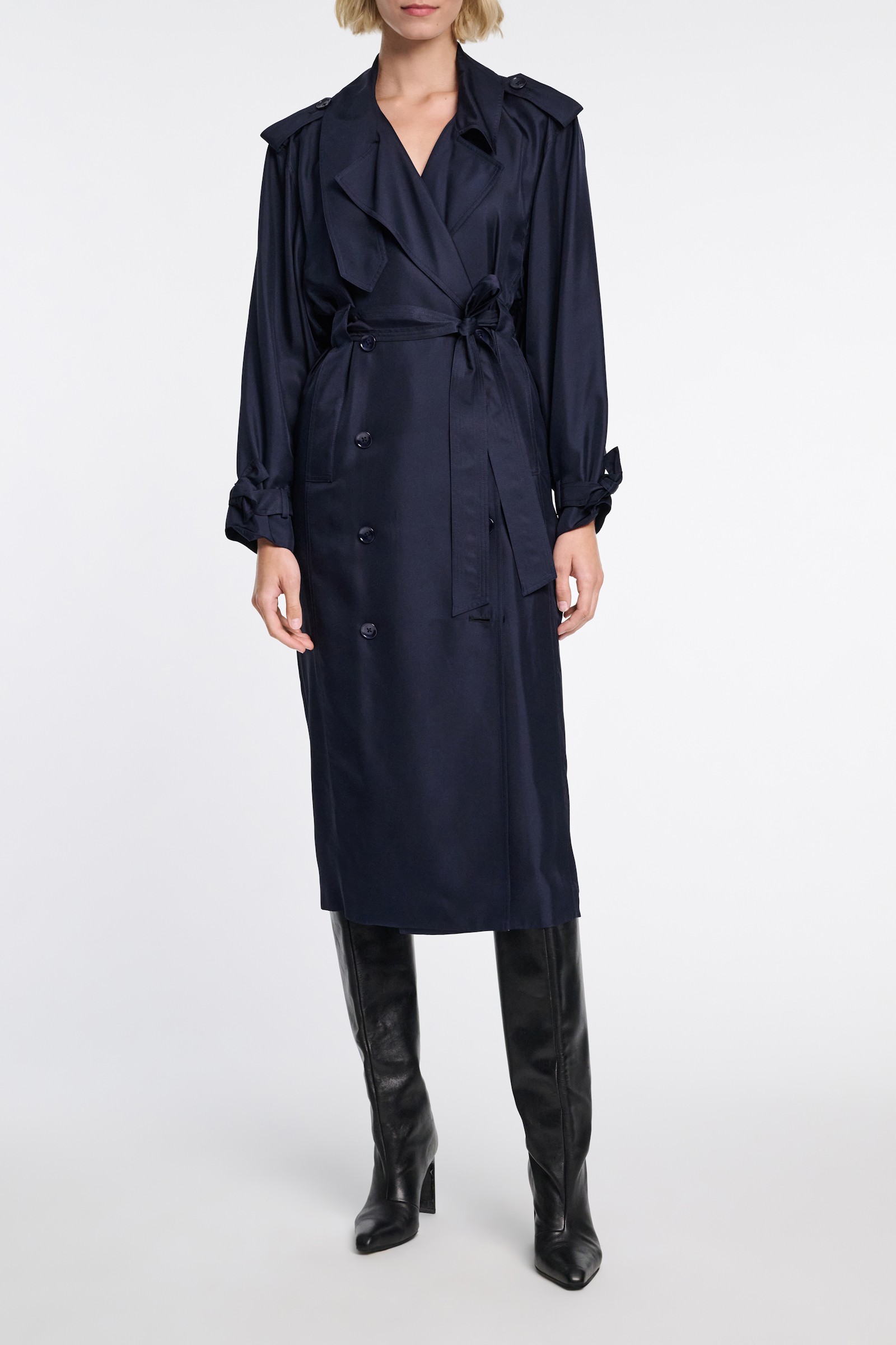 Dorothee Schumacher Double-breasted trench coat dress in silk twill blue night