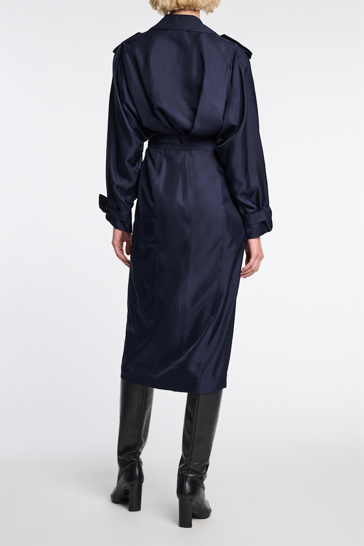 Dorothee Schumacher Double-breasted trench coat dress in silk twill blue night