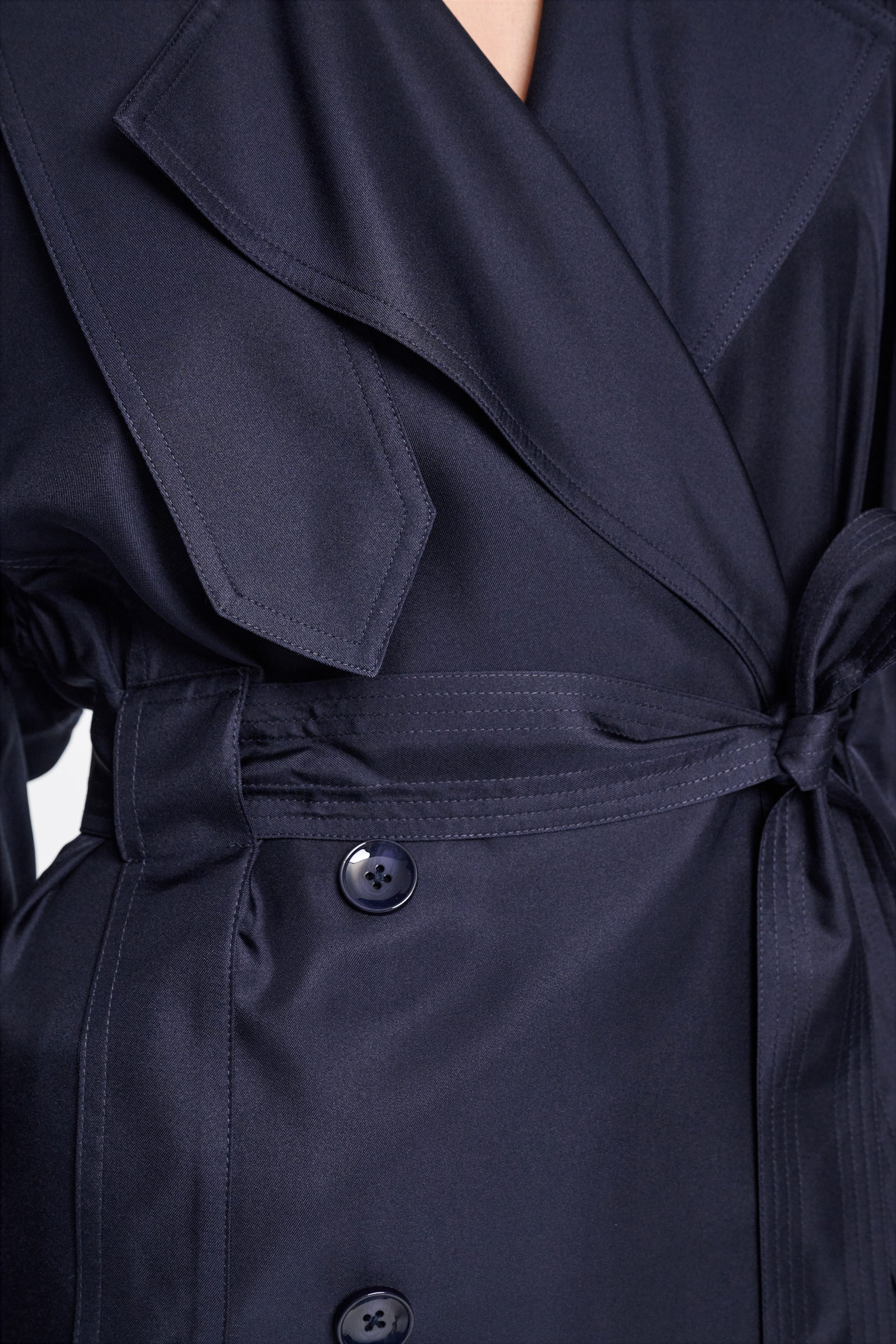 Dorothee Schumacher Double-breasted trench coat dress in silk twill blue night