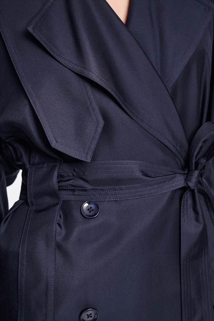 Dorothee Schumacher Double-breasted trench coat dress in silk twill blue night