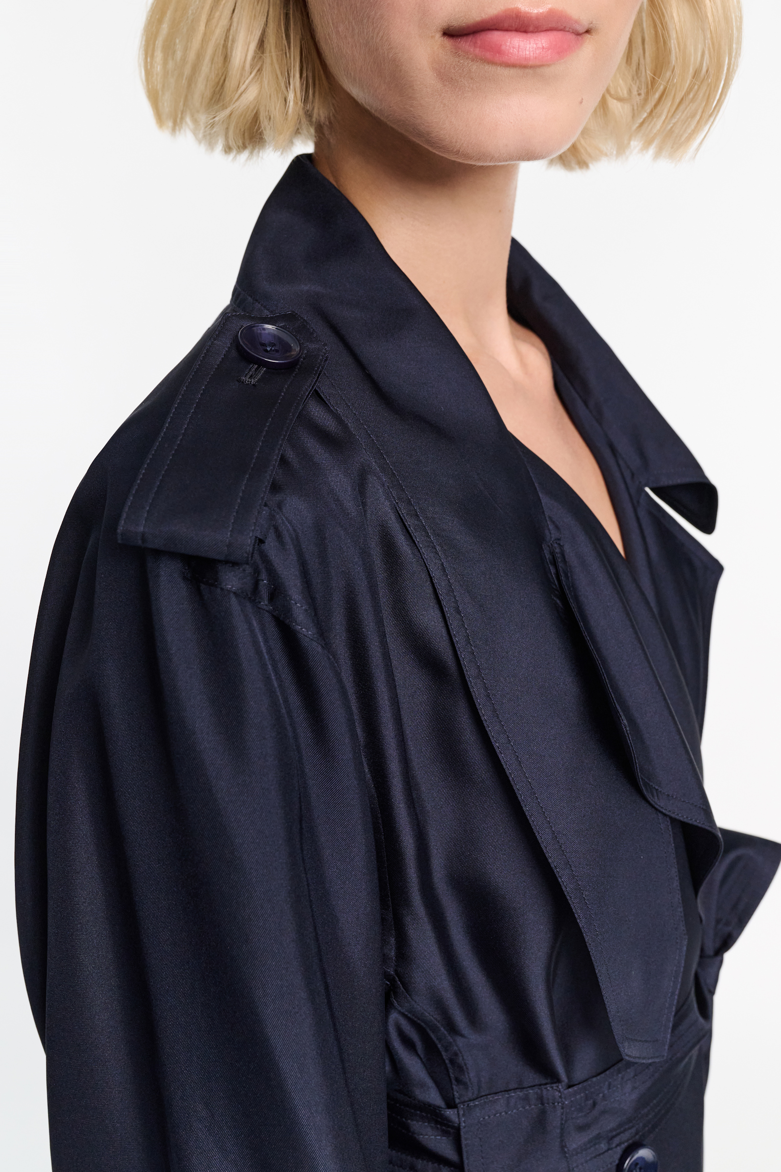 Dorothee Schumacher Double-breasted trench coat dress in silk twill blue night