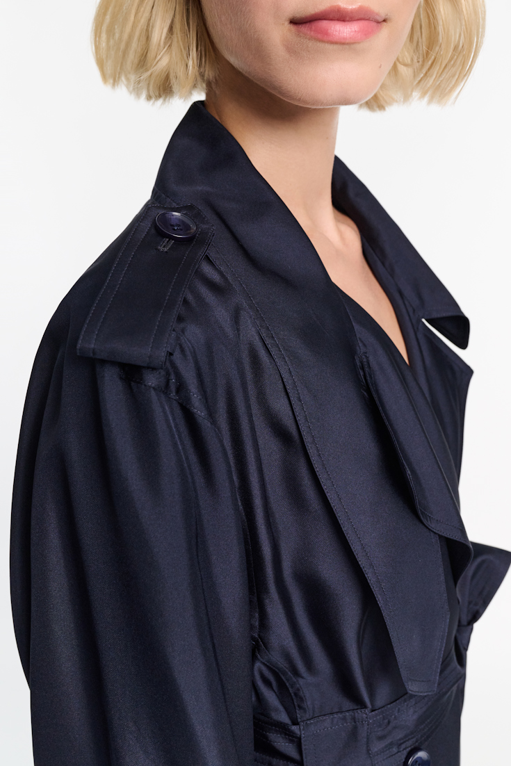 Dorothee Schumacher Double-breasted trench coat dress in silk twill blue night