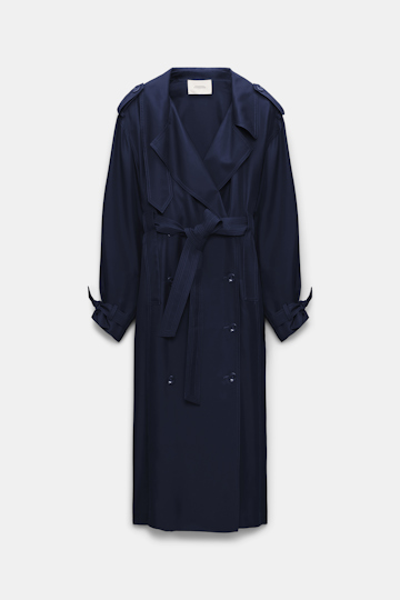 Dorothee Schumacher Double-breasted trench coat dress in silk twill blue night