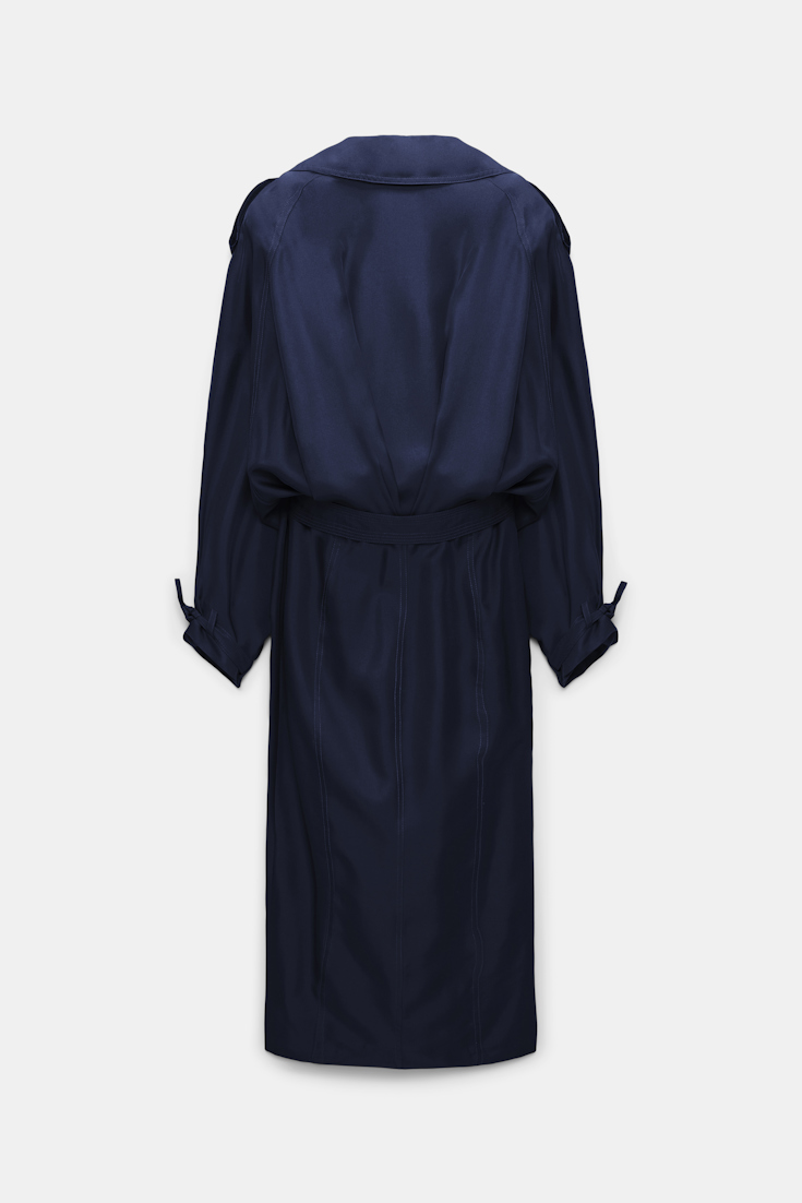 Dorothee Schumacher Double-breasted trench coat dress in silk twill blue night