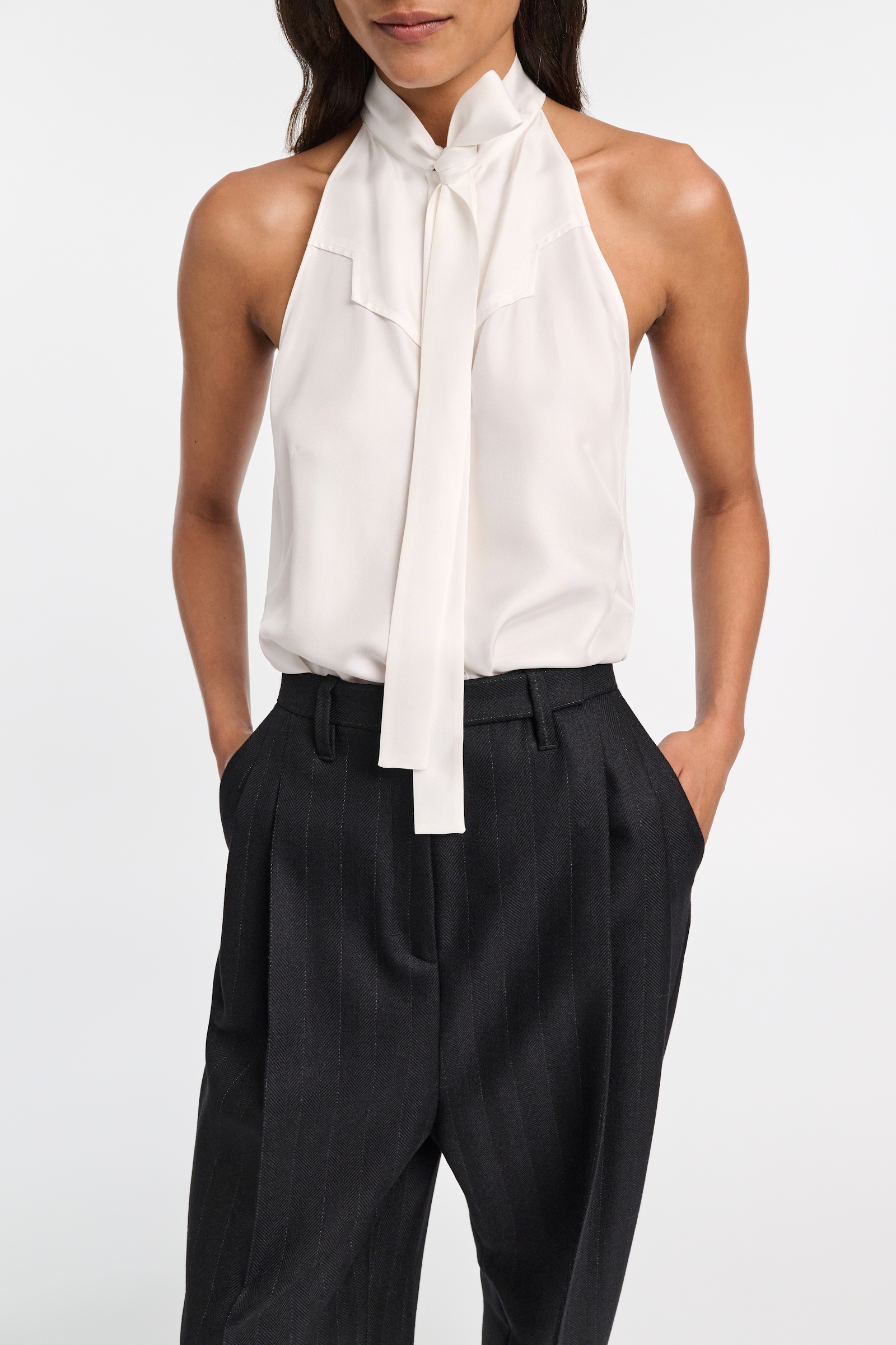 Dorothee Schumacher Tank top with sporty shoulders in printed silk twill camelia white