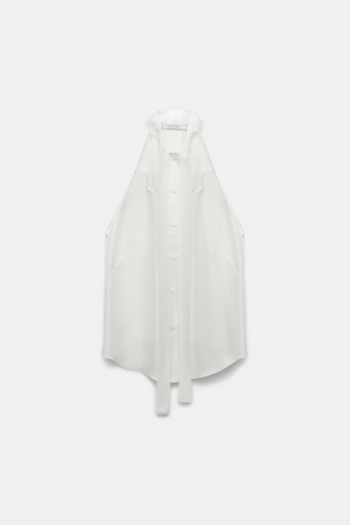 Dorothee Schumacher Tank top with sporty shoulders in printed silk twill camelia white