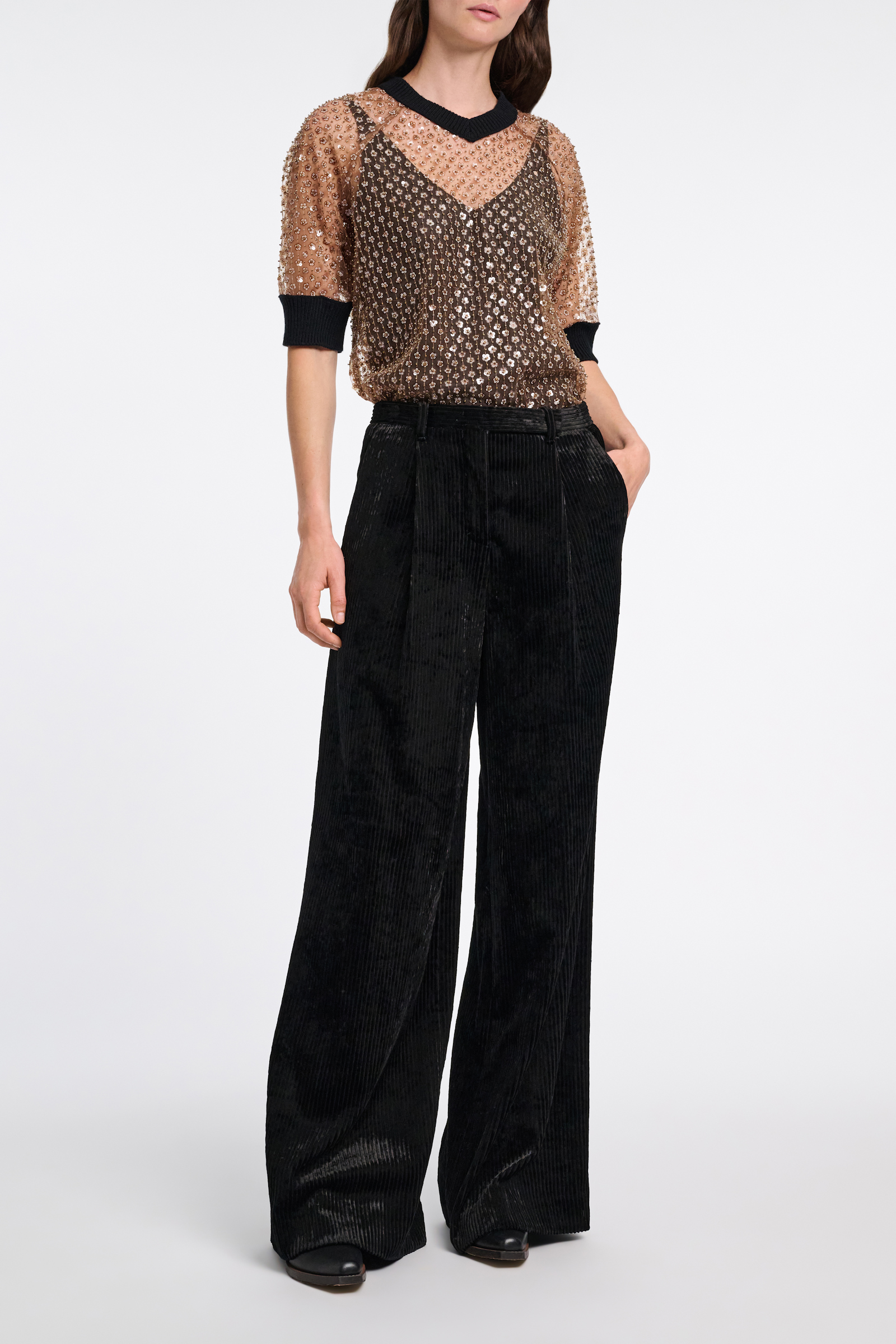 Dorothee Schumacher Sequined top with contrast knit trim milky brown