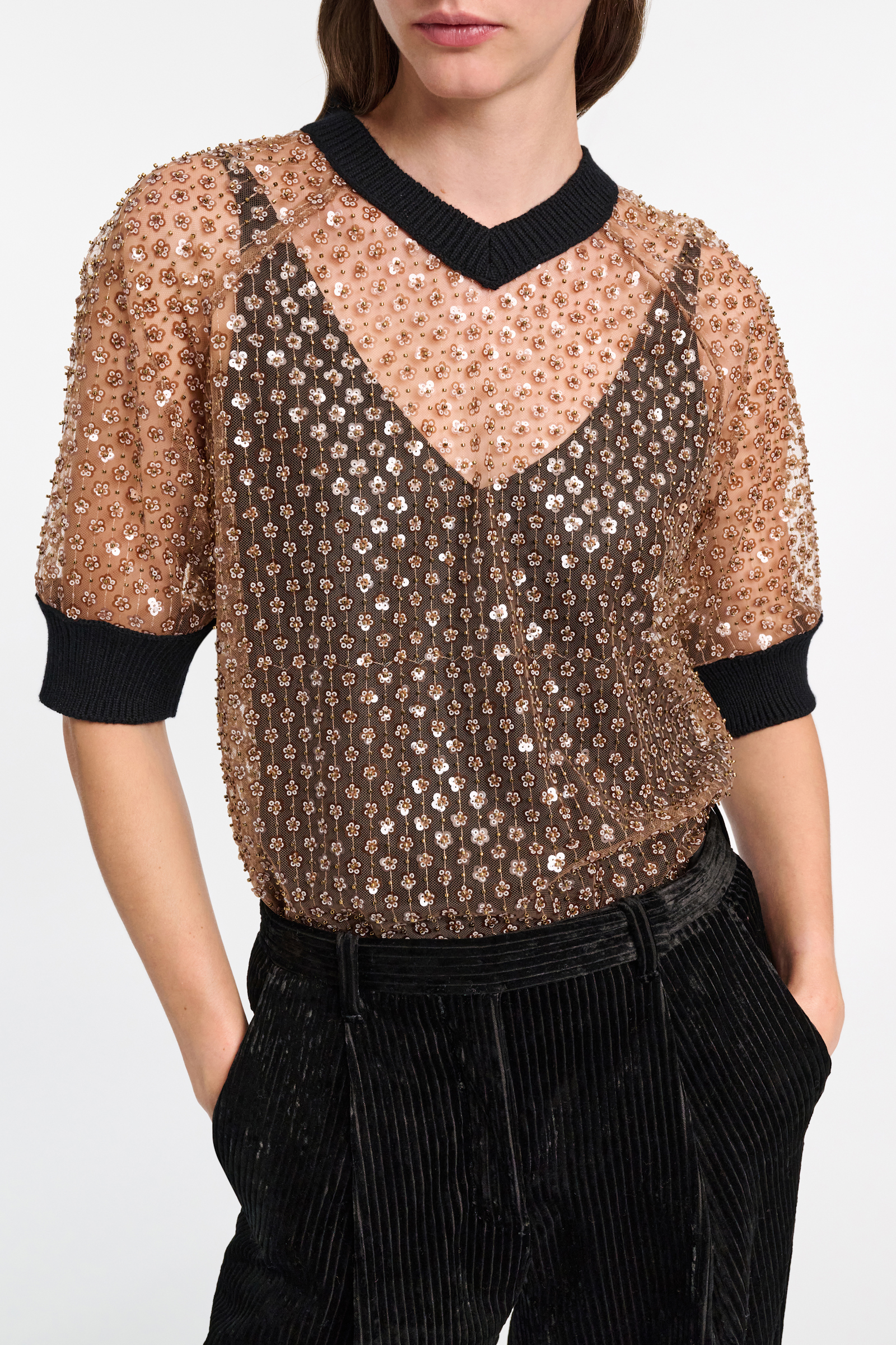 Dorothee Schumacher Sequined top with contrast knit trim milky brown