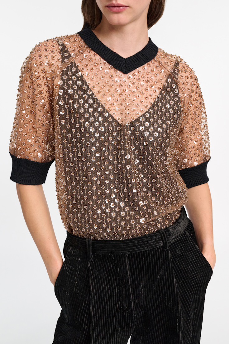 Dorothee Schumacher Sequined top with contrast knit trim milky brown