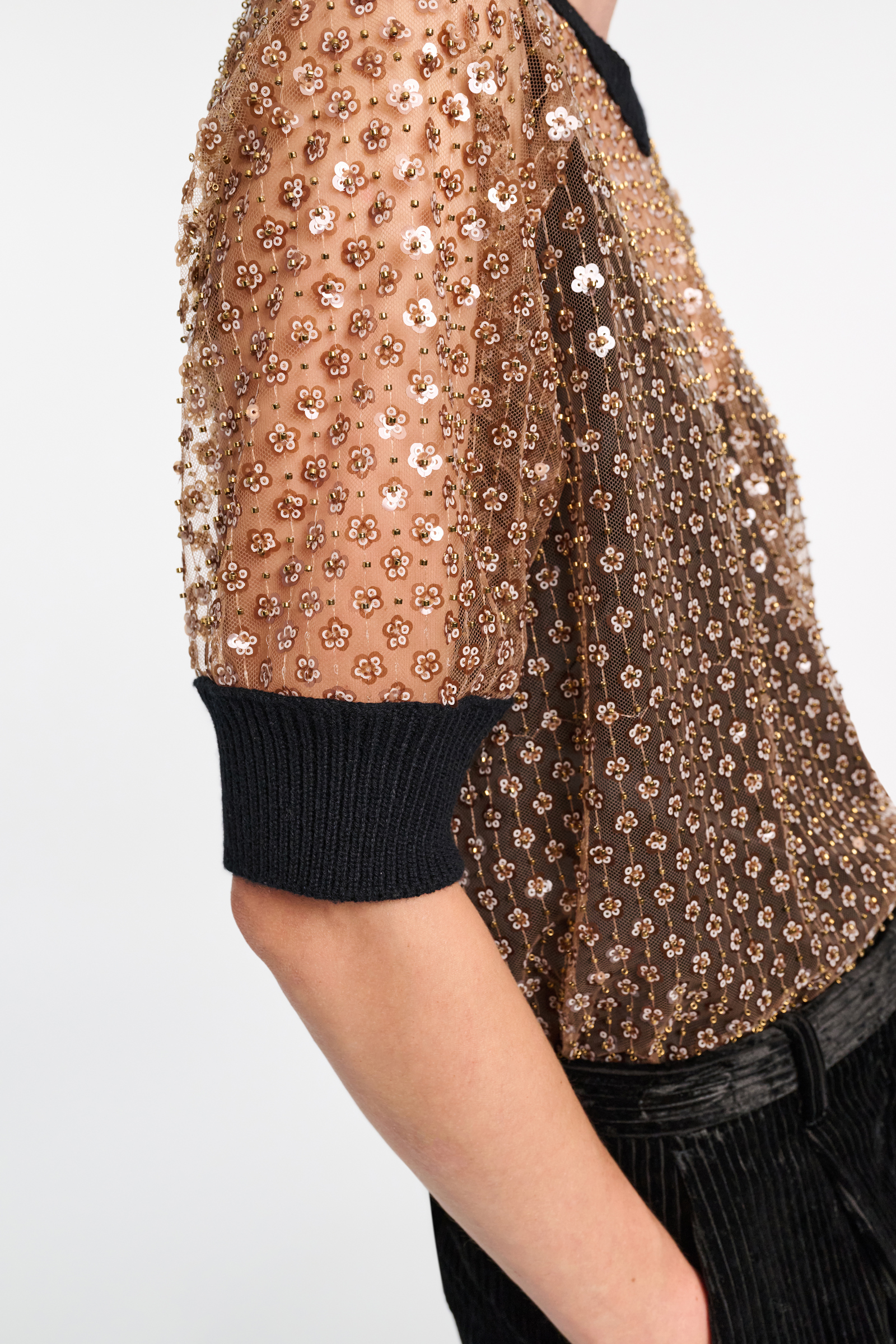 Dorothee Schumacher Sequined top with contrast knit trim milky brown