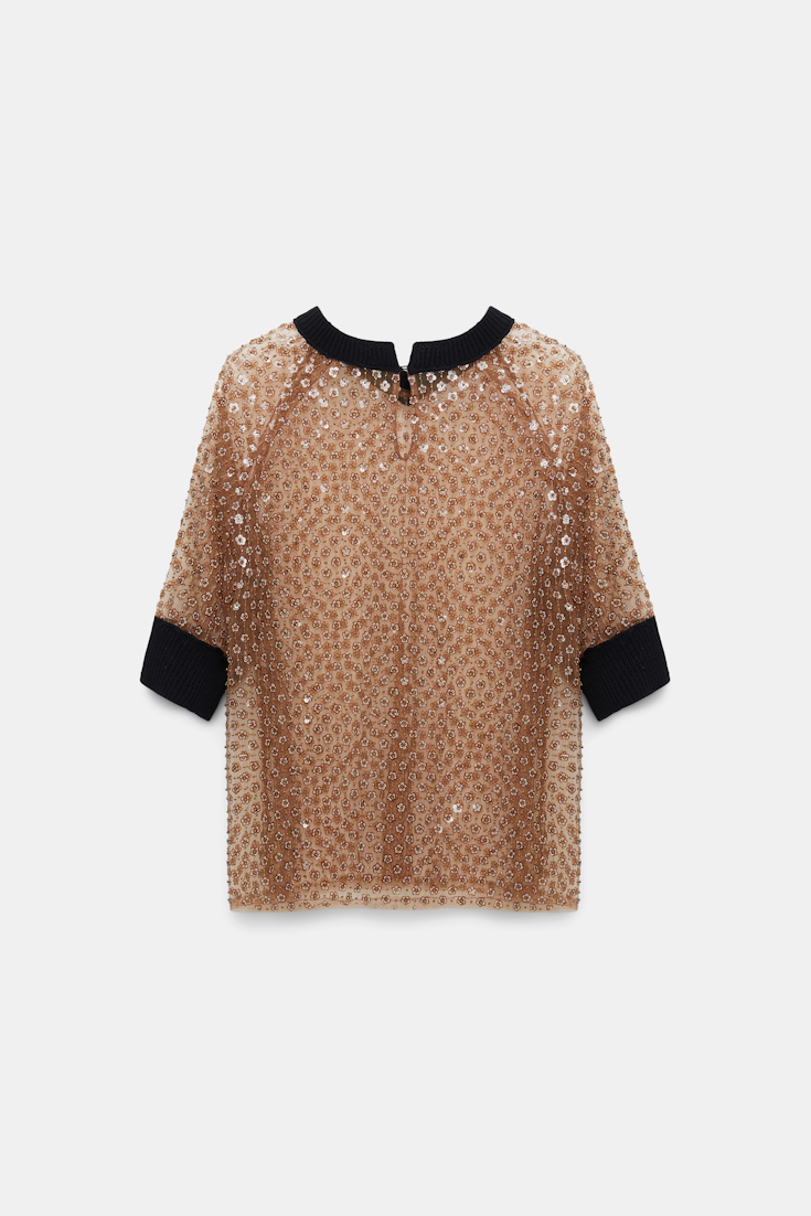 Dorothee Schumacher Sequined top with contrast knit trim milky brown