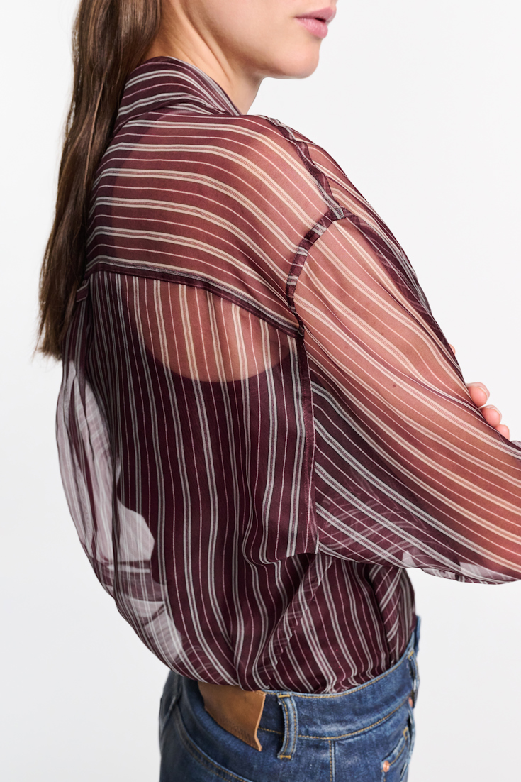 Dorothee Schumacher Transparente Bluse aus bedrucktem Seidenorganza bordeaux stripe