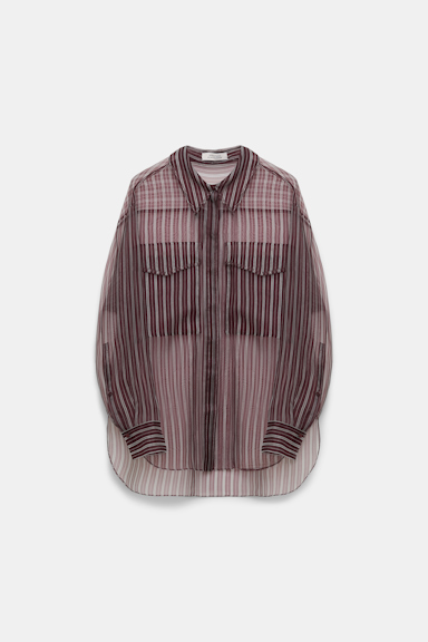 Dorothee Schumacher Transparente Bluse aus bedrucktem Seidenorganza bordeaux stripe