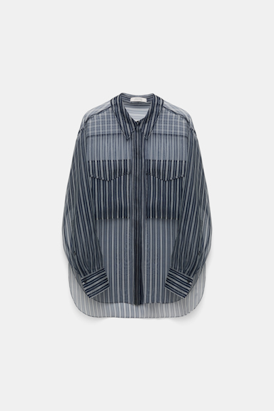 Dorothee Schumacher Transparente Bluse aus bedrucktem Seidenorganza blue white stripe