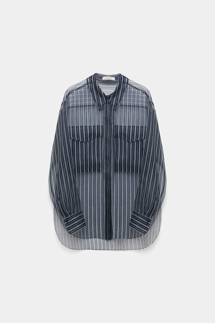 Dorothee Schumacher Transparente Bluse aus bedrucktem Seidenorganza blue white stripe