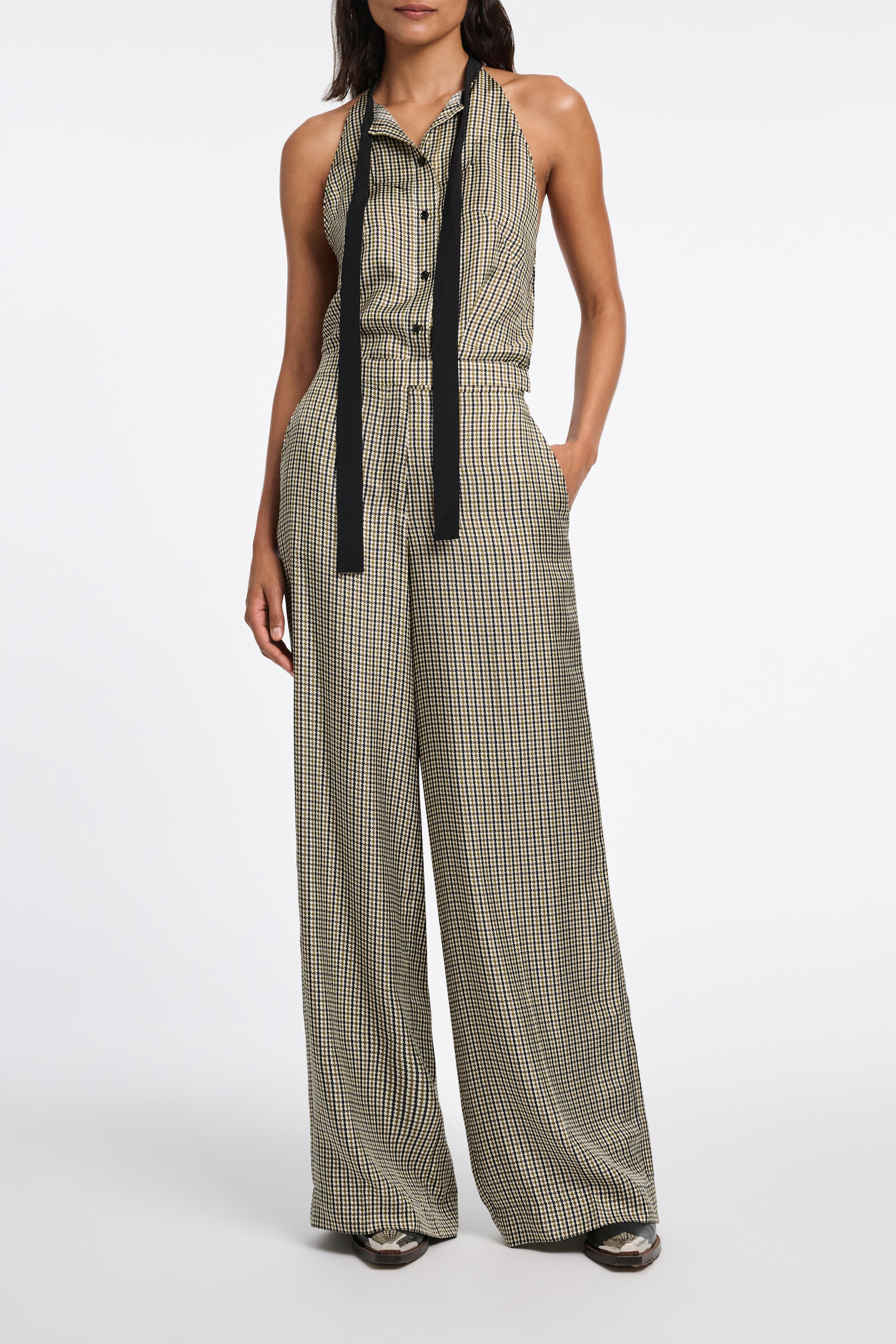 Dorothee Schumacher Wide leg trousers in printed silk twill pepita mix khaki