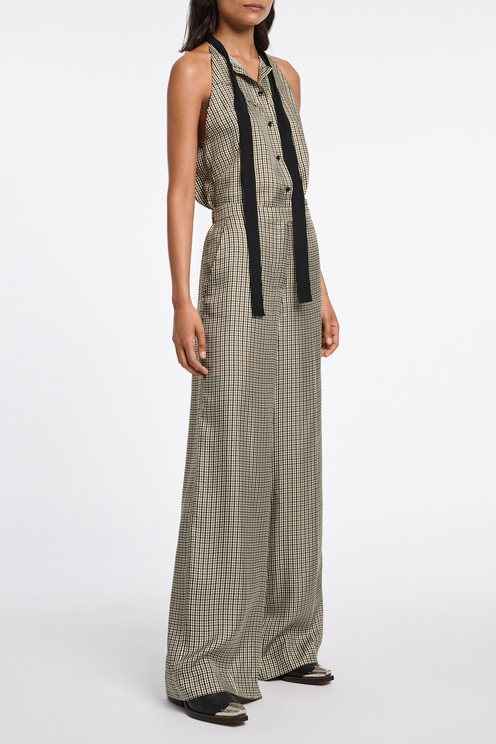 Dorothee Schumacher Wide leg trousers in printed silk twill pepita mix khaki