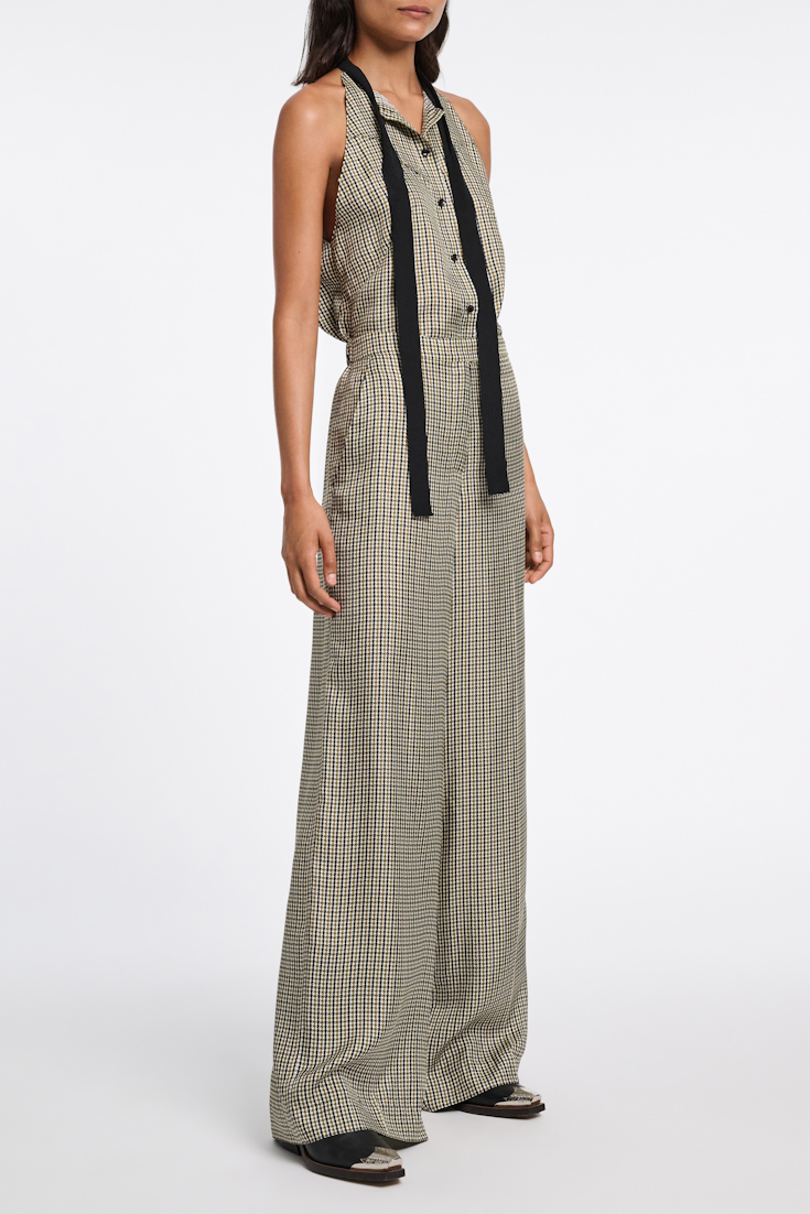 Dorothee Schumacher Wide leg trousers in printed silk twill pepita mix khaki