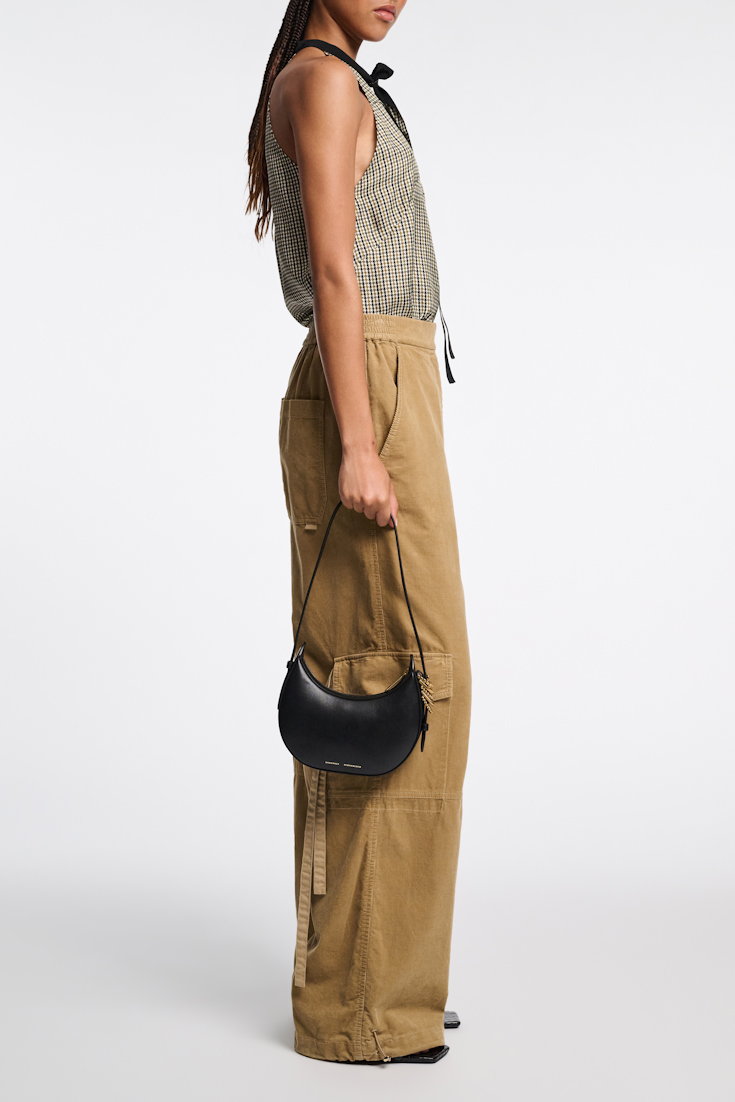 Dorothee Schumacher Tank top with sporty shoulders in printed silk twill pepita mix khaki