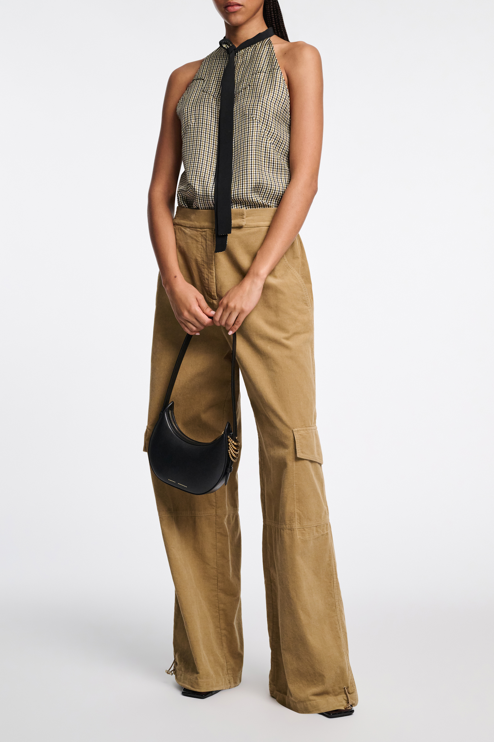 Dorothee Schumacher Tank top with sporty shoulders in printed silk twill pepita mix khaki