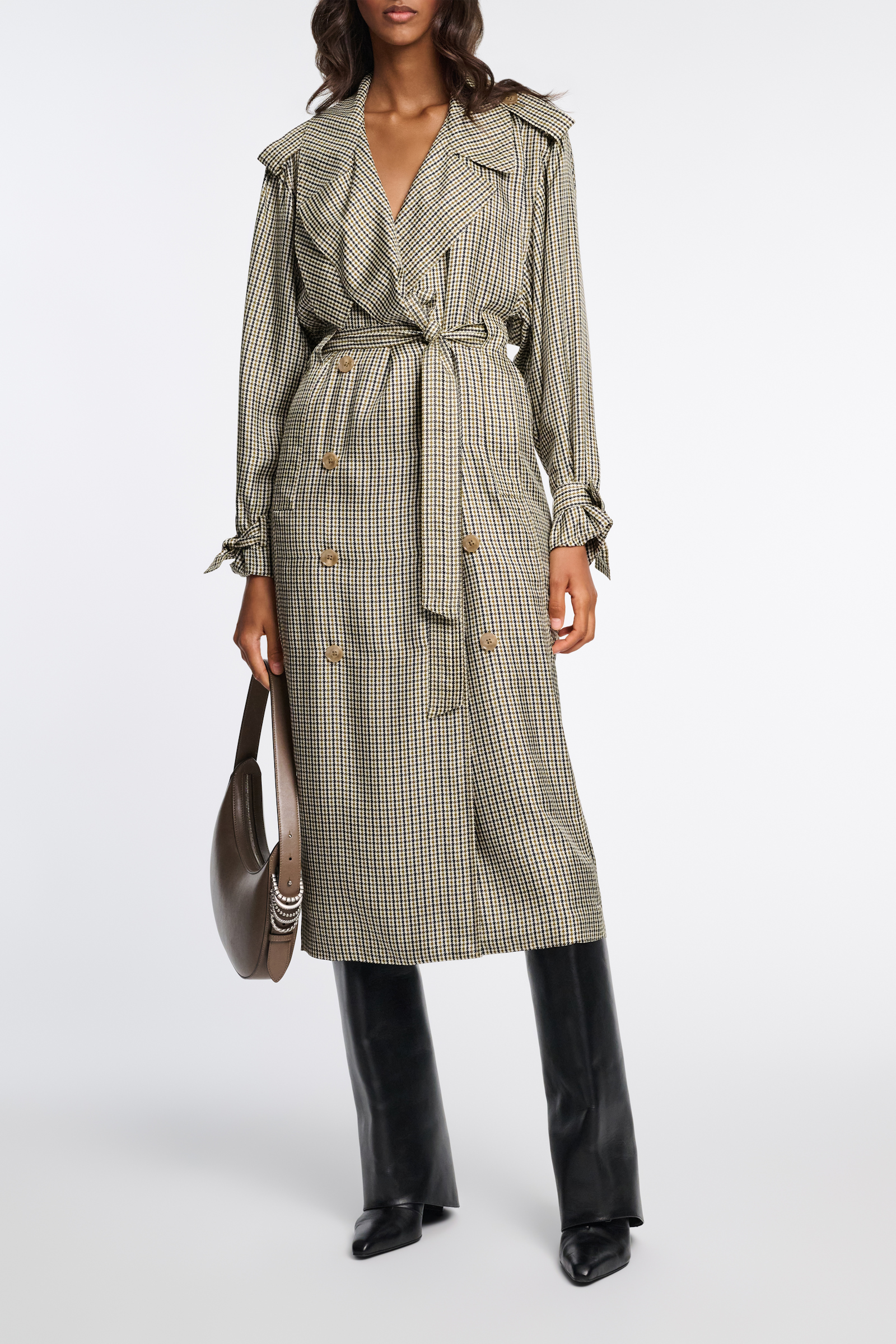 Dorothee Schumacher Double-breasted trench coat dress in printed silk twill pepita mix khaki