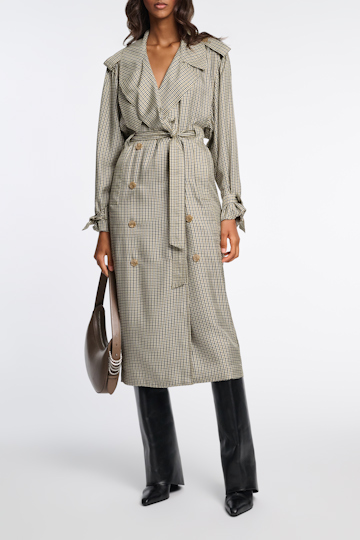 Dorothee Schumacher Double-breasted trench coat dress in printed silk twill pepita mix khaki