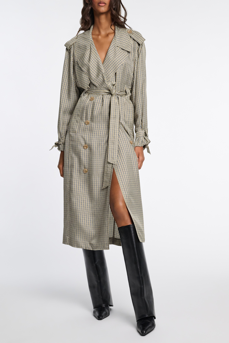 Dorothee Schumacher Double-breasted trench coat dress in printed silk twill pepita mix khaki